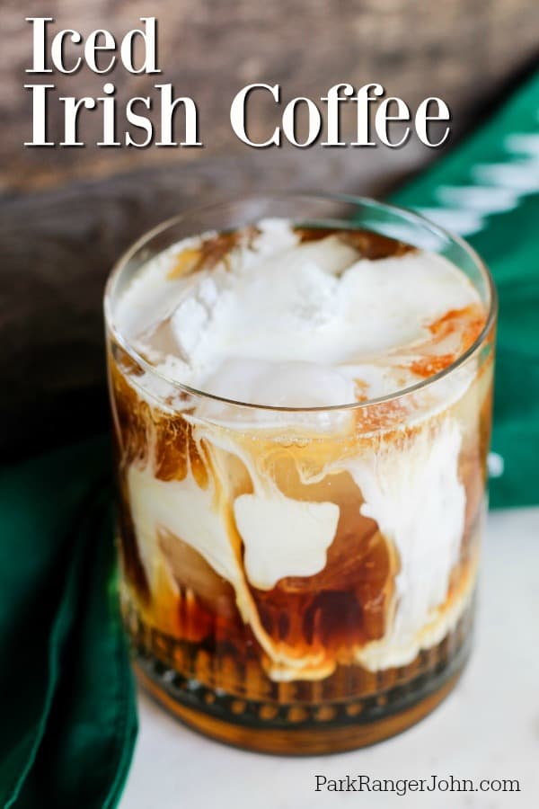 Iced Irish Coffee over a glass with irish cream and coffee