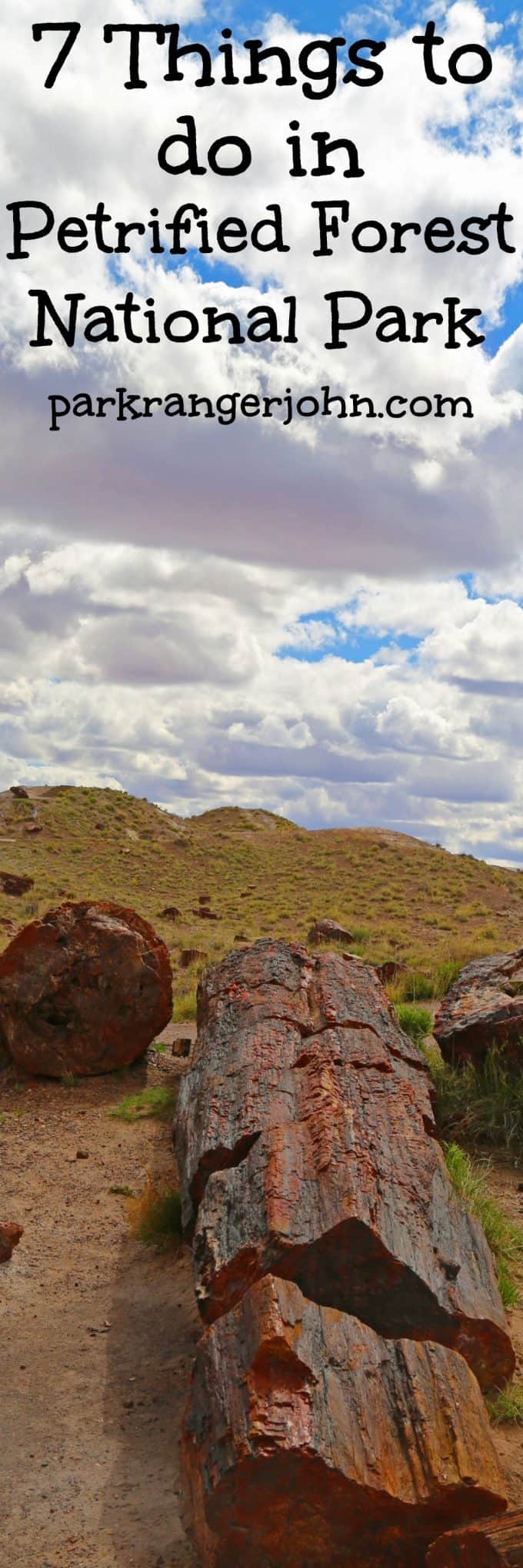 Seven Things to Do in Petrified Forest National Park located in Arizona, Travel the park road to see sites including Historic Route 66, Desert Views, Blue Bentonite Mesas, petrified wood, petrified logs, petroglyphs and the Painted Desert Inn which is a National Historic Landmark