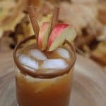 spiced apple cider cocktail in a short glass with leaves in the background