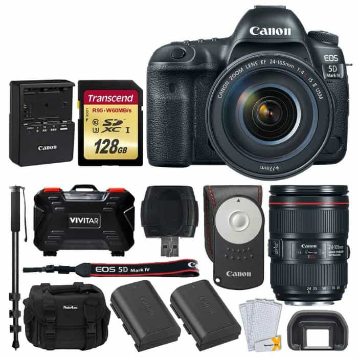 Photo of a Canon Mark 4 5D camera and kit that includes a canon 24-105 lens