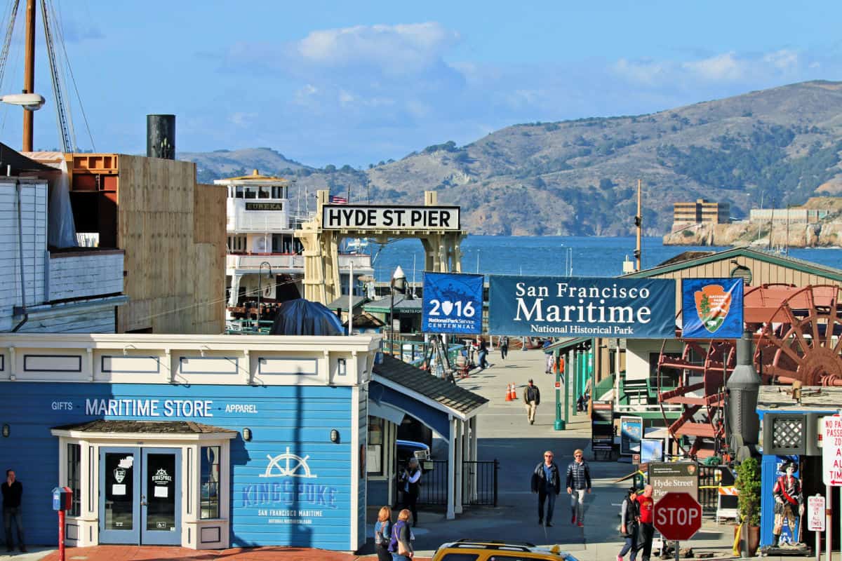 View looking down Hyde Street Peie at San Francisco Maritime National Historical Park