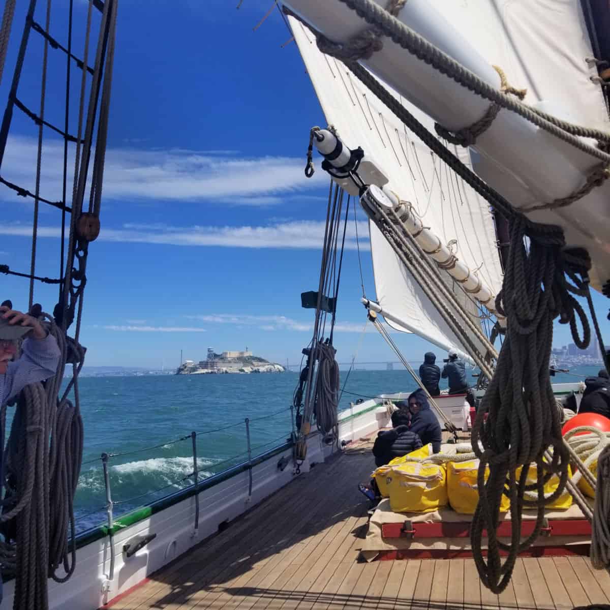 Seeing Alcatraz Island from the 1891 Scow Schooner Alma while sailing in the San Francisco Bay