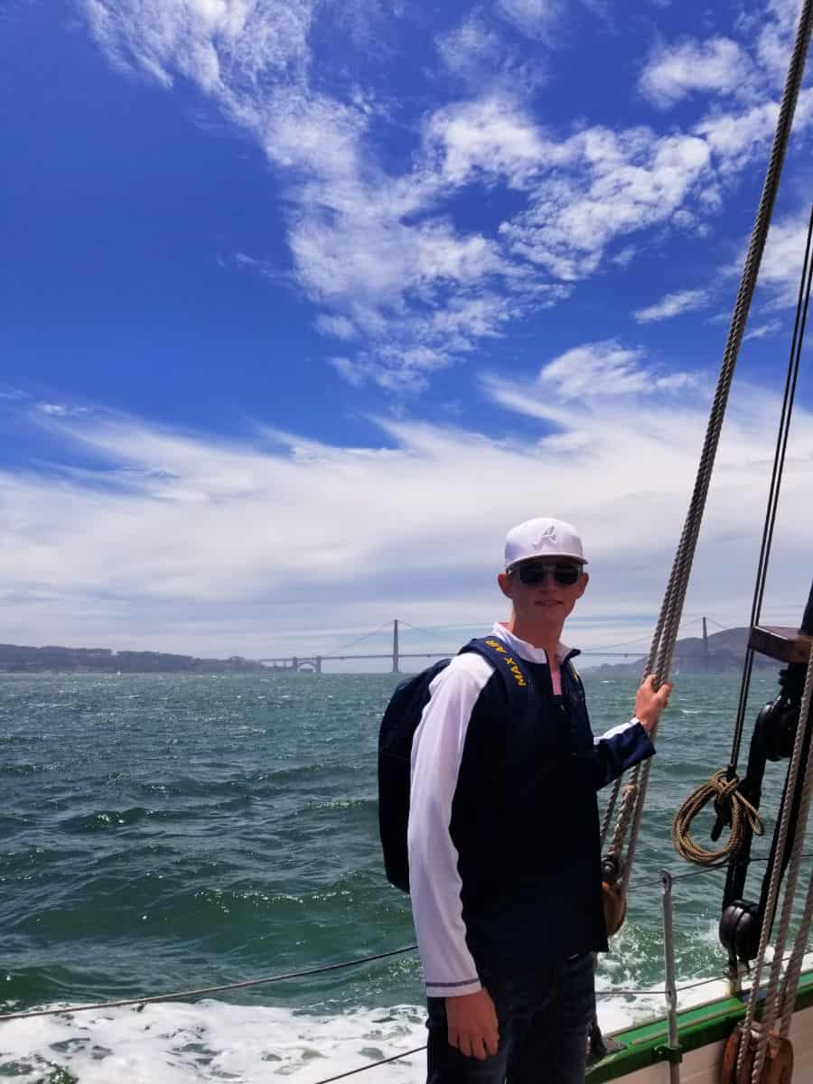 Sailing by the Golden Gate Bridge on the 1891 Scow Schooner Alma 