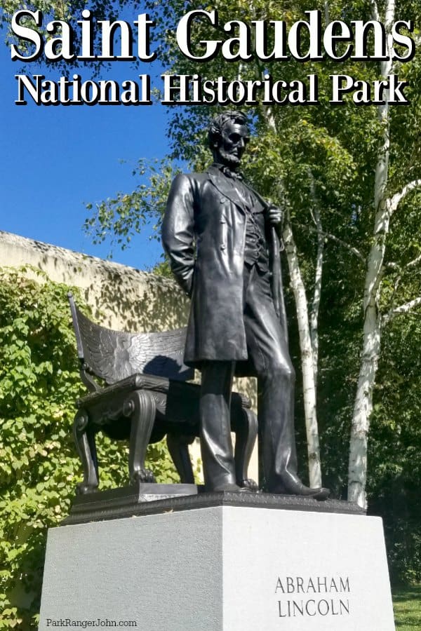 Saint Gaudens National Historical Park text printed over a statue of Abraham Lincoln