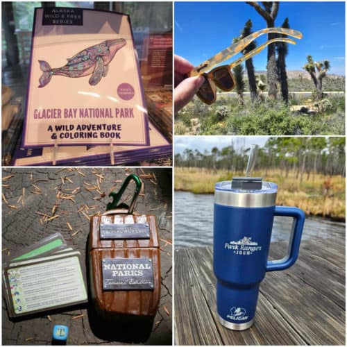 Outdoor Gifts for Nature Lovers including Goodr Sunglasses, Pelican Porter Tumbler, Trivial Pursuit National Parks Edition and coloring books