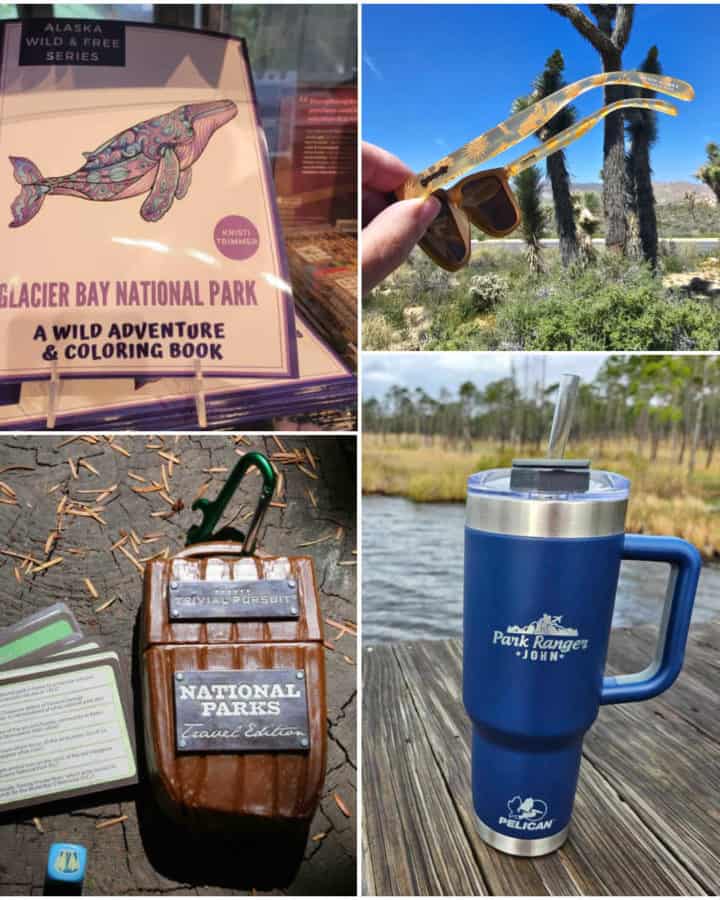 Outdoor Gifts for Nature Lovers including Goodr Sunglasses, Pelican Porter Tumbler, Trivial Pursuit National Parks Edition and coloring books