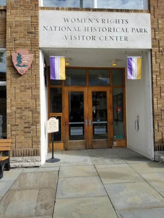 Women's Rights National Historical Park Visitor Center entrance sign and door. One of the National Parks in New York 