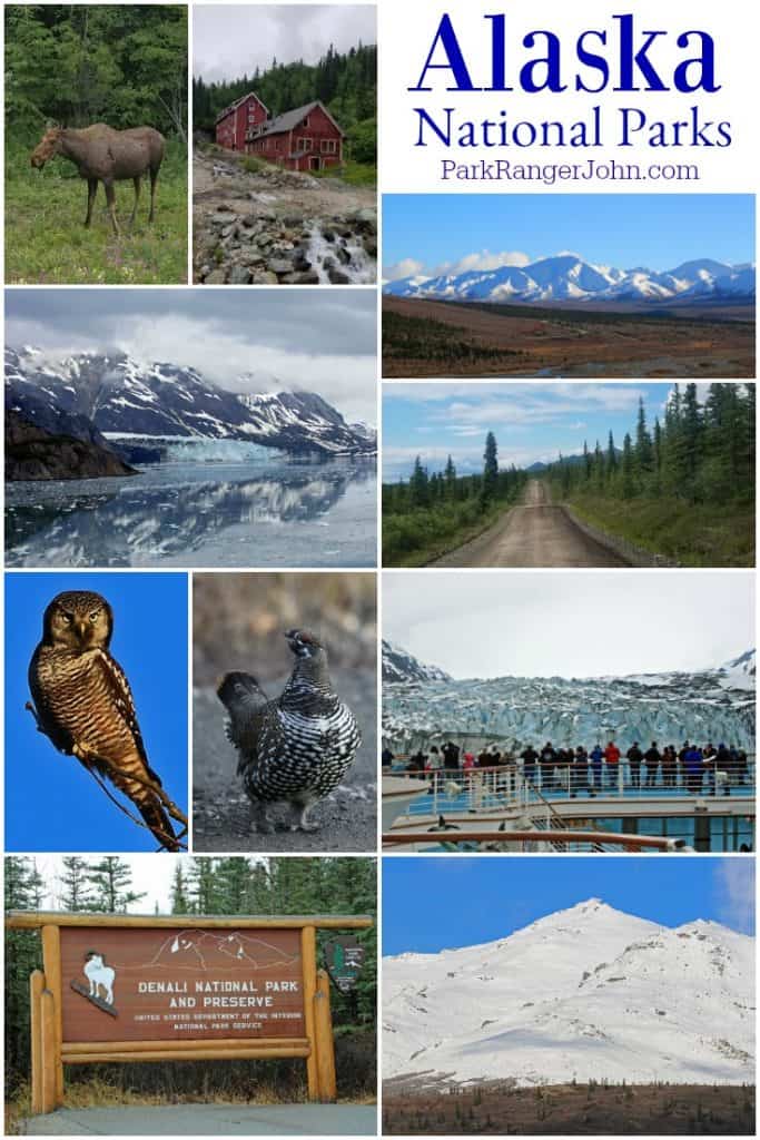 Alaska National Parks text with a collage of photos including a moose, owl, ptarmigan, glaciers, denali national park sign, cruise ship with glaciers, and a dirt road