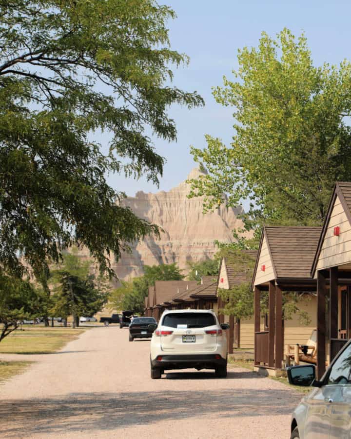 View of the cabins and the Badlands from Cedar Pass Lodge at Badlands National Park