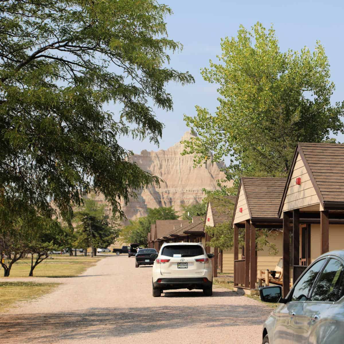 View of the cabins and the Badlands from Cedar Pass Lodge at Badlands National Park