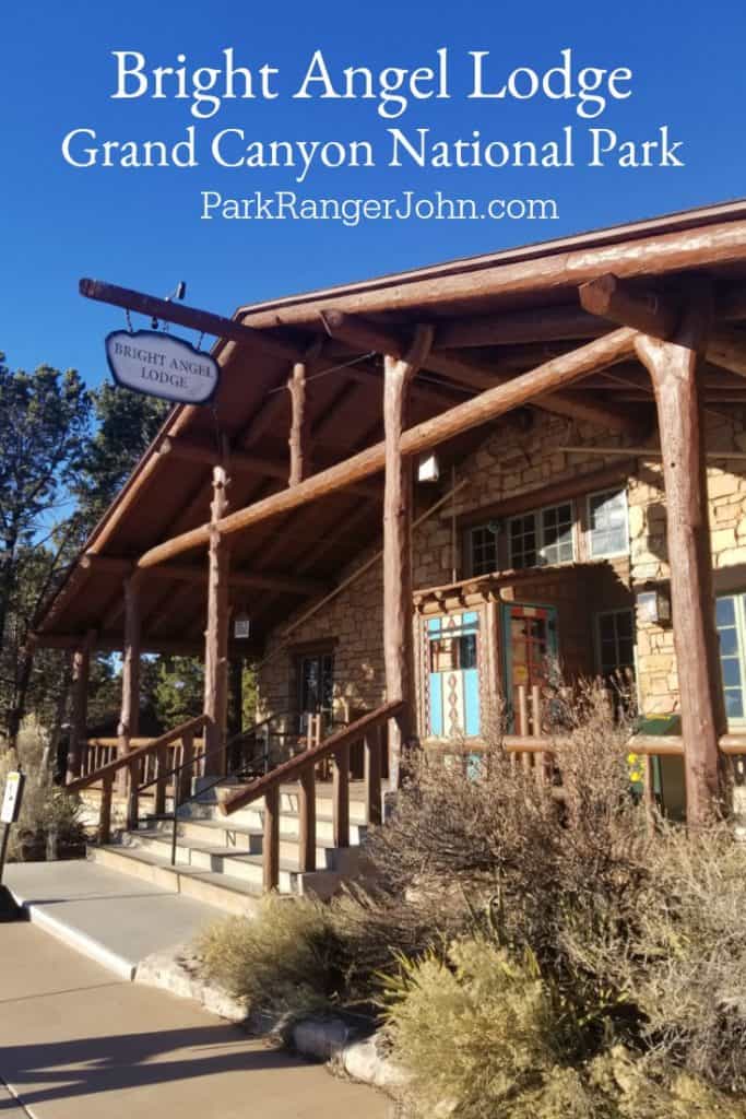 Front entrance to the Bright Angel Lodge with stairs, wooden cross beams and hotel sign. 