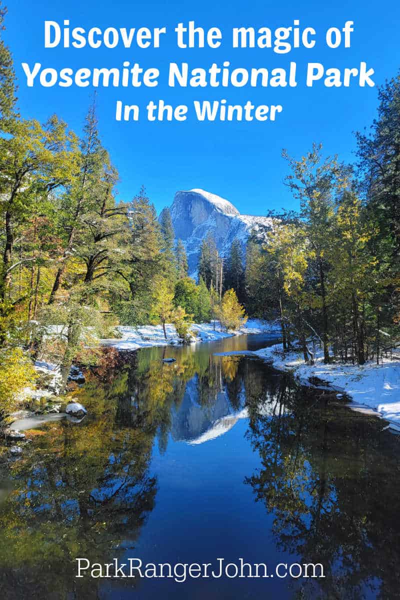 Beautiful Half Dome and Merced River with snow at Yosemite National Park California