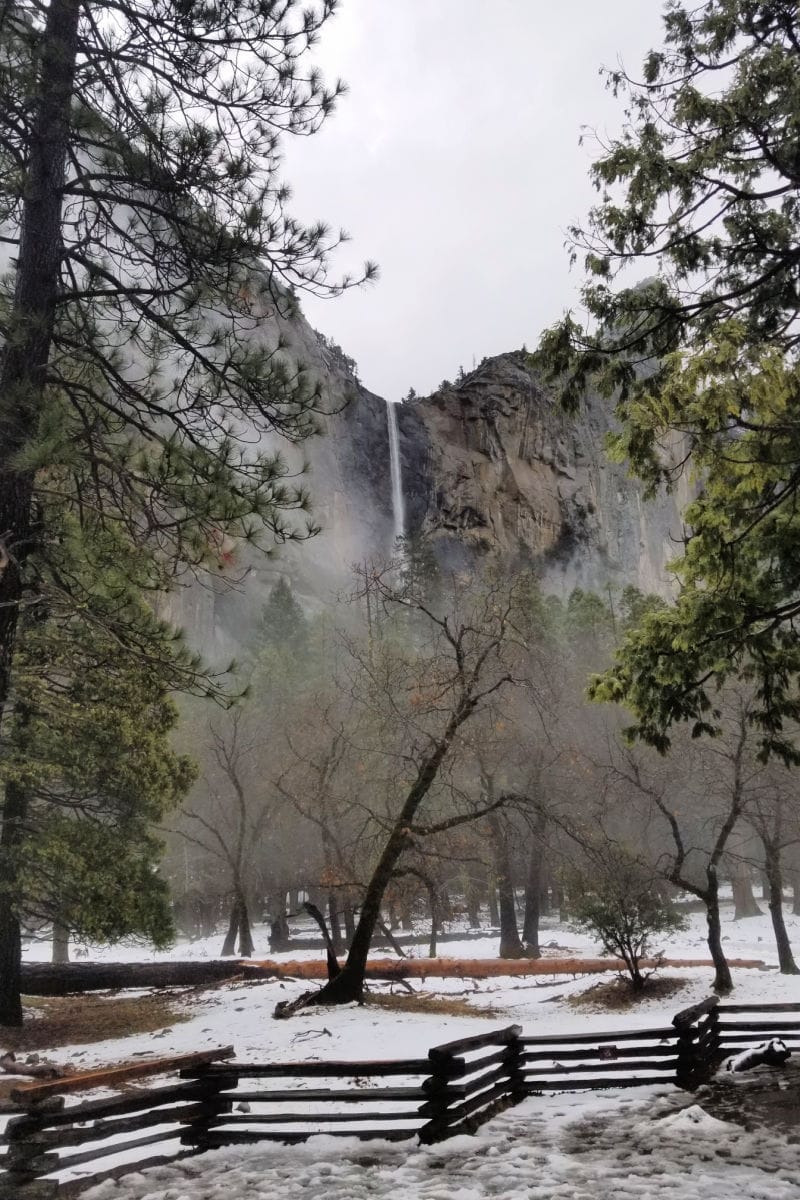 Foggy day at Yosemite Falls in Yosemite National Park California