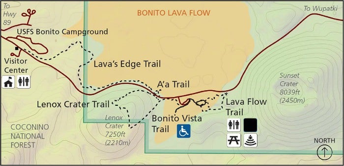 NPS Map showing the hiking trails within Sunset Crater Volcano National Monument in Arizona