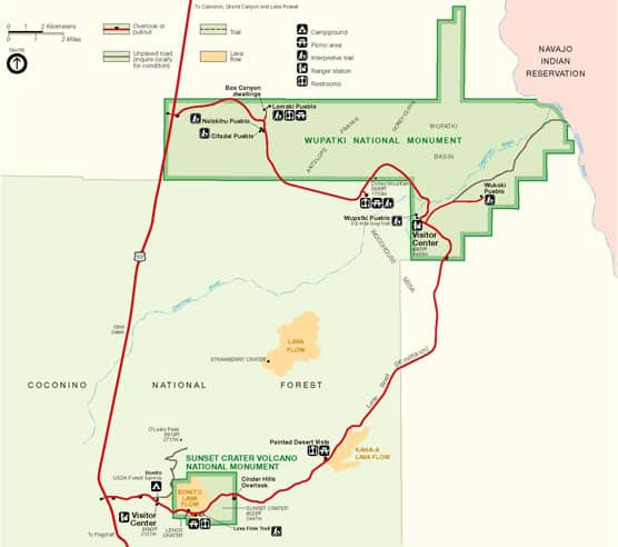 NPS Map of Wupatki national Monument and Sunset Crater Volcano National Monument linked by a scenic road