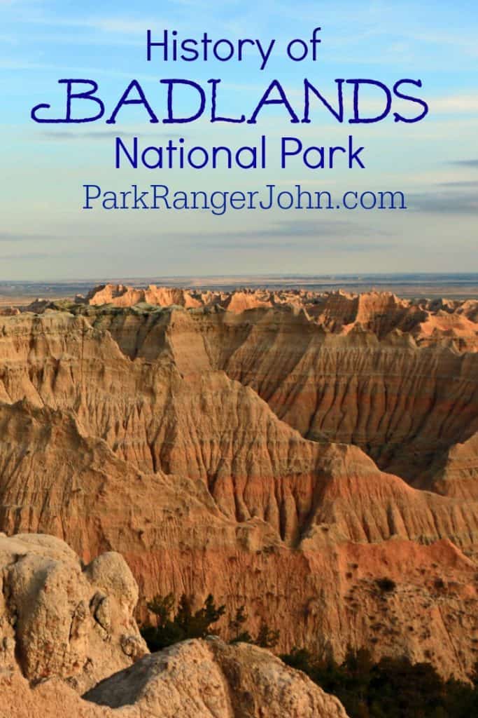 Text reading "History of Badlands National Park by ParkRangerJohn.com" with view of the Badlands from a scenic viewpoint