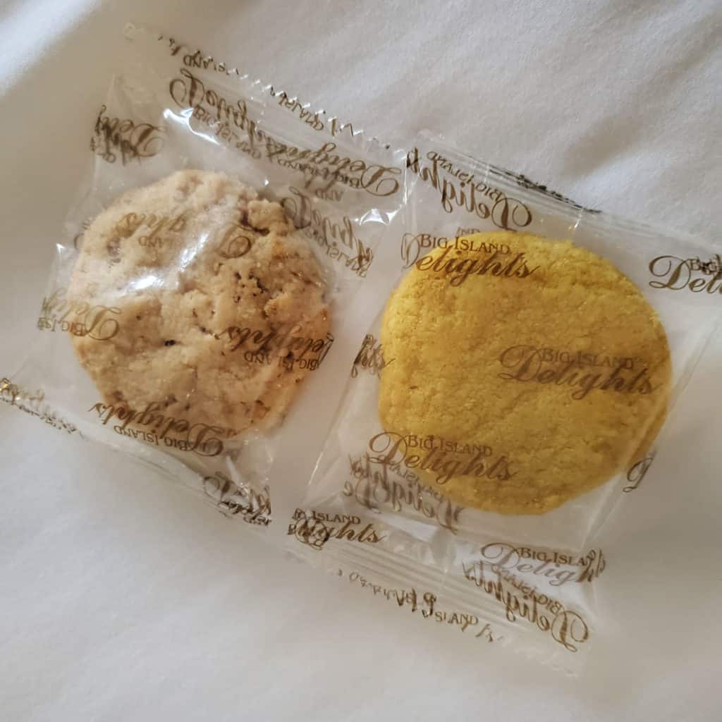 Cookies for guests left on bed in Volcano House in Hawaii Volcanoes