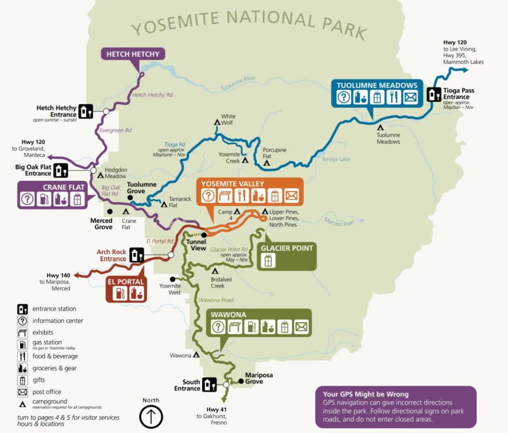Map showing location of all 13 campgrounds in Yosemite National Park Photo Courtesy of NPS