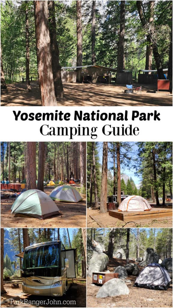 photos of 5 campsites in Yosemite National Park with text "Yosemite National Park Camping guide by ParkRangerJohn.com" 
