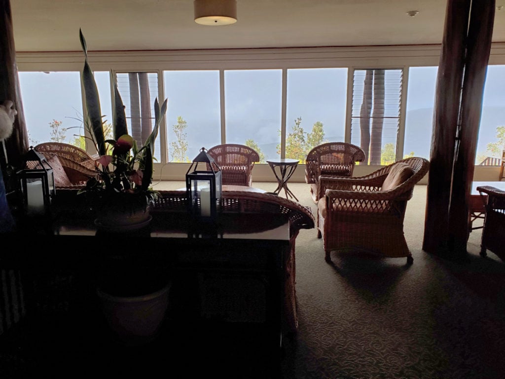 lobby with view of Kilauea Caldera at Volcano House in Hawaii Volcanoes NP