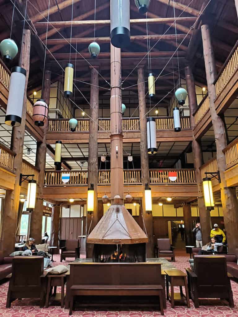 Fireplace in the lobby of the Many Glacier Hotel