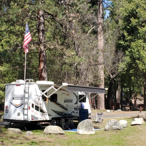 RV in a campsite in Wawona Campground, Yosemite National Park