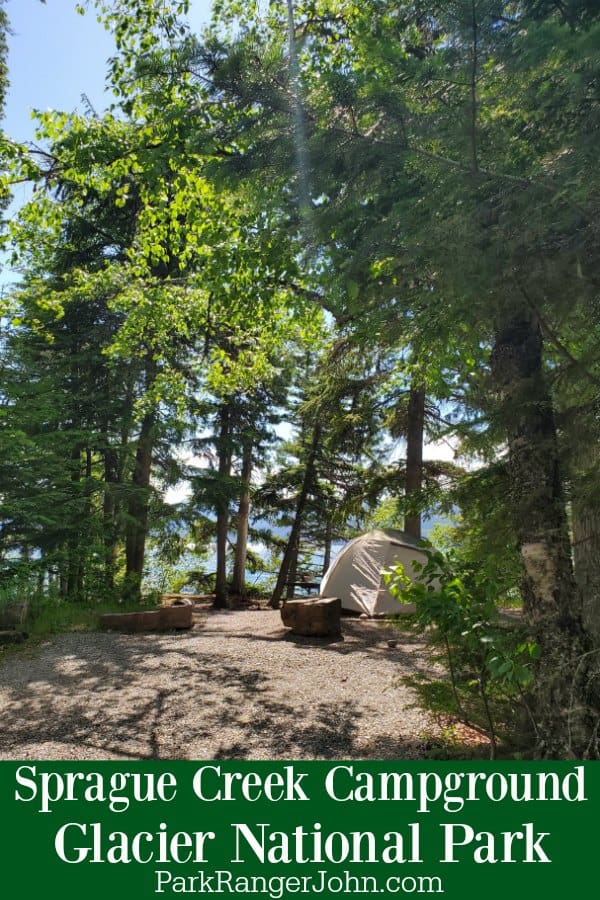 Sprague Creek Campsite along the shore of Lake McDonald with a tent. 