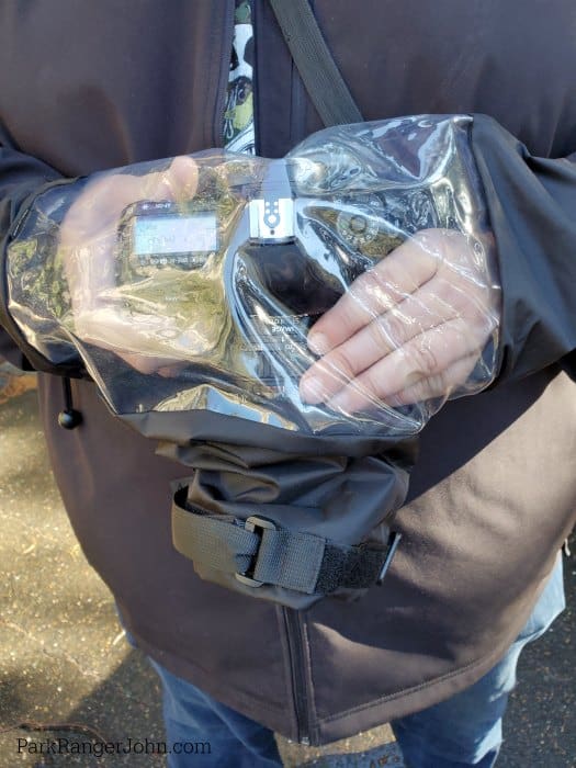 Camera in a waterproof bag to protect the camera around water.