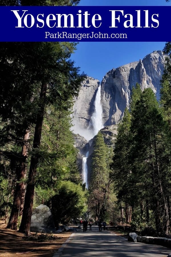 Text reading "Yosemite Falls by ParkRangerJohn.com" with trail leading to Yosemite Falls in the background