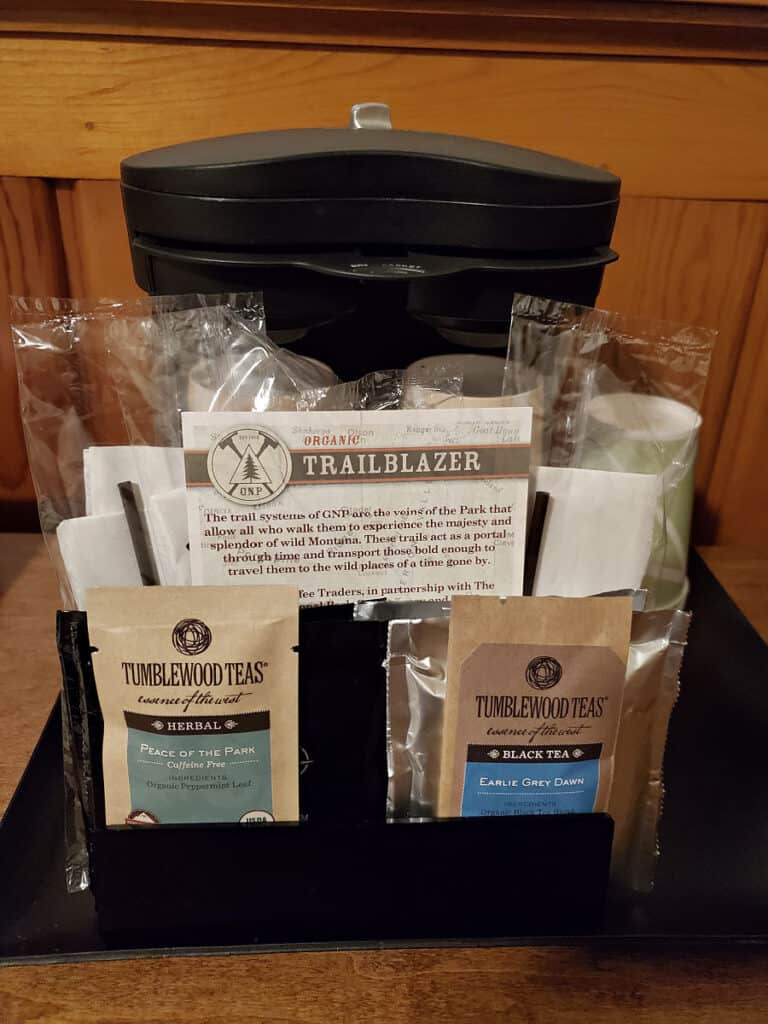 Coffee and Tea in cabin at Lake McDonald Lodge