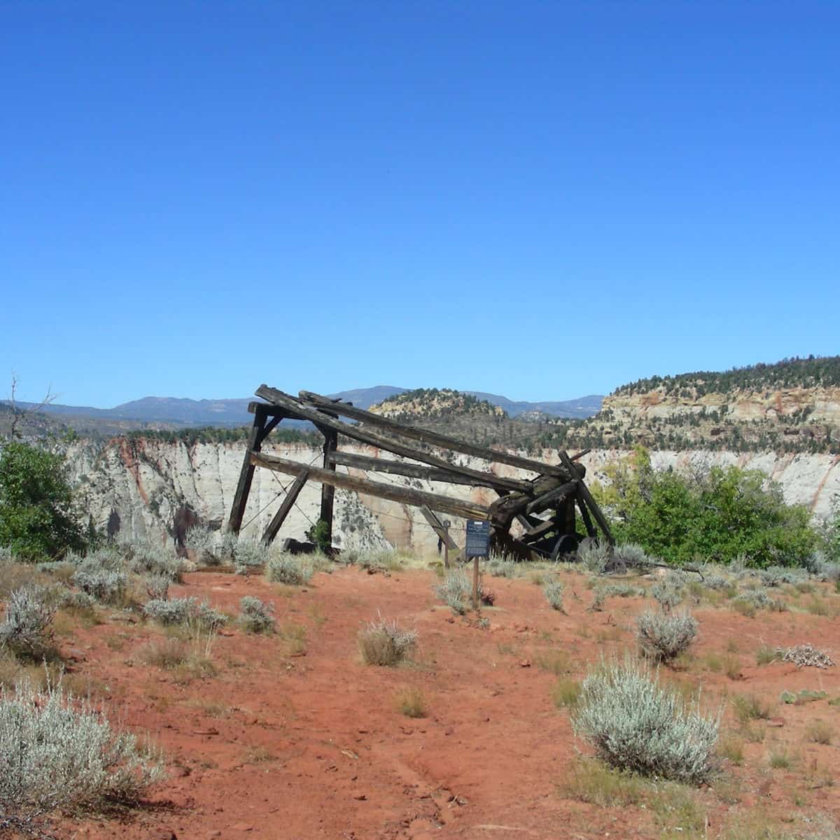 Cable works at the edge of Cable Mountain where loggers lowered timber to the valley below