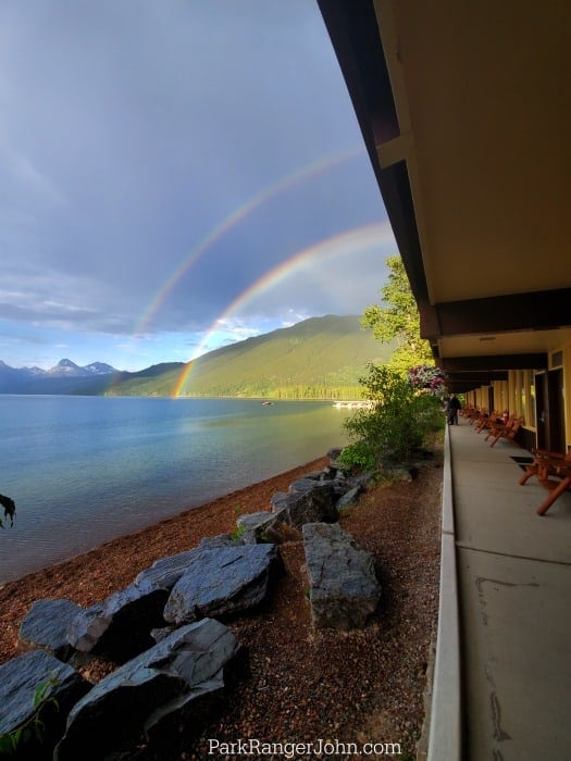 Double rainbow in the distance over Lake McDonald, Glacier National Park