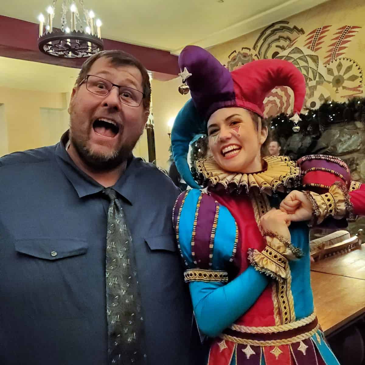 Johnhanging out with the Jester after watching the Bracebridge Dinner at Yosemite National Park