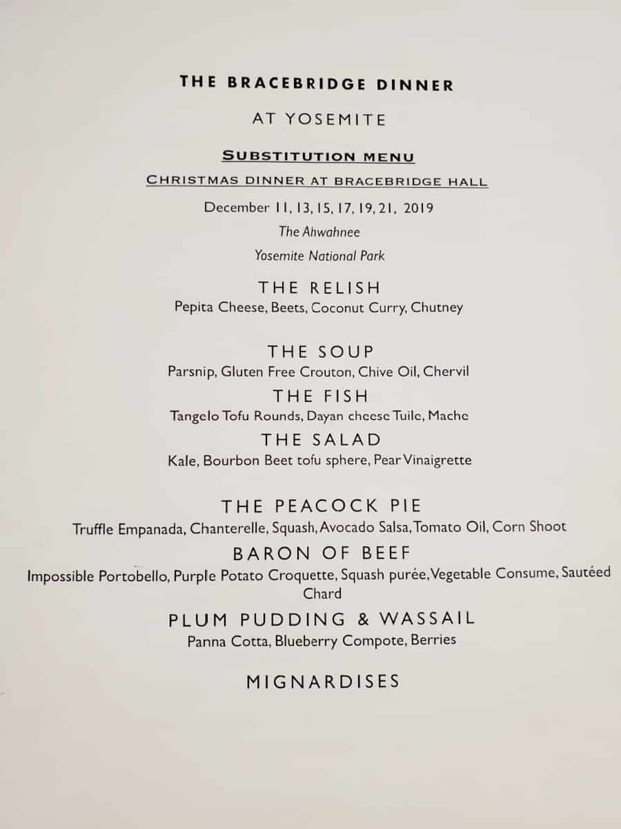 Menu for Bracebridge Dinner at Yosemite National Park