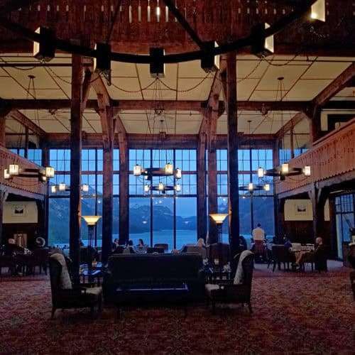View of Upper Waterton Lake from the lobby of the Prince of Wales Hotel