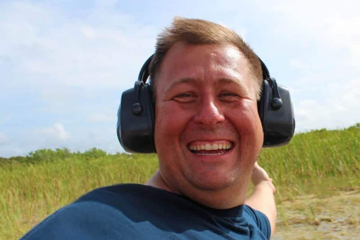 Park Ranger John with a big smile while taking an airboat ride in Florida