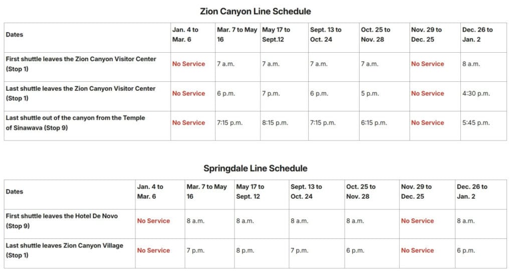 2026 Zion Bus Schedule