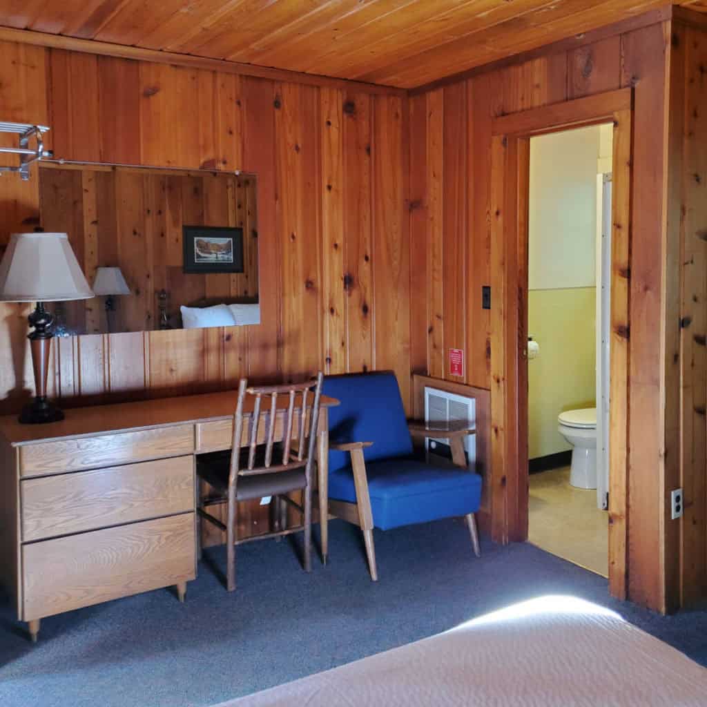 Desk and chairs in Room #1 at Motel Lake McDonald in Glacier National Park