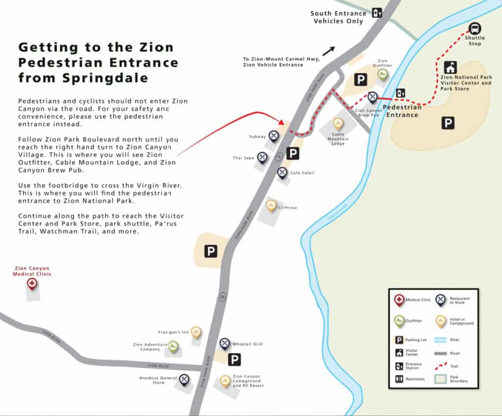 Getting to Zion Pedestrian Entrance from Springdale Map