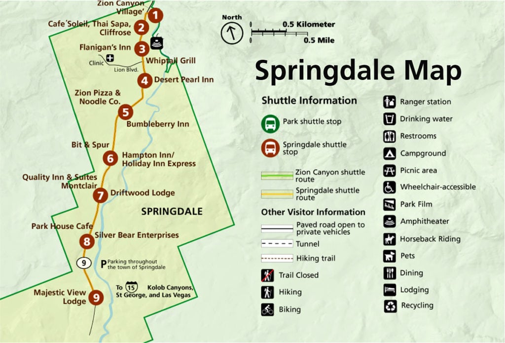 Springdale Shuttle to Zion Map 