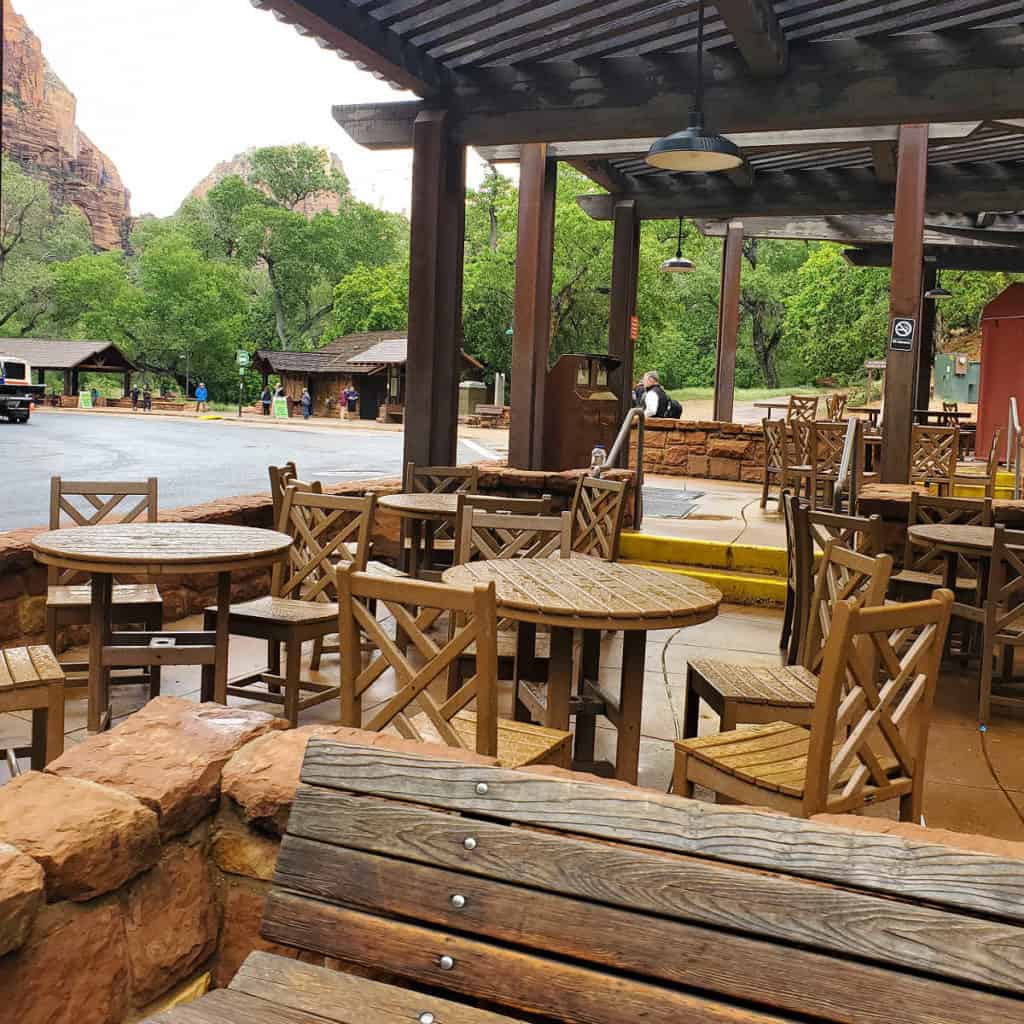 View from Castle Dome Cafe at Zion Lodge looking towards the Zion Bus Stop 5 and Angels Landing
