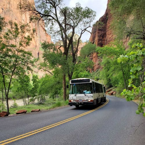 Zion Shuttle next to the Virgin River in the Zion Canyon