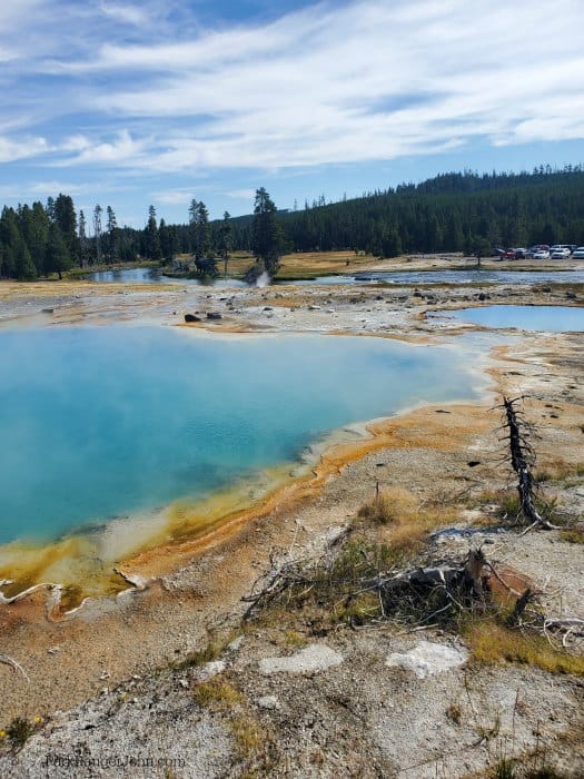 Bight turquoise with orange rim thermal pool with the firehole river in the background and blue skies. 