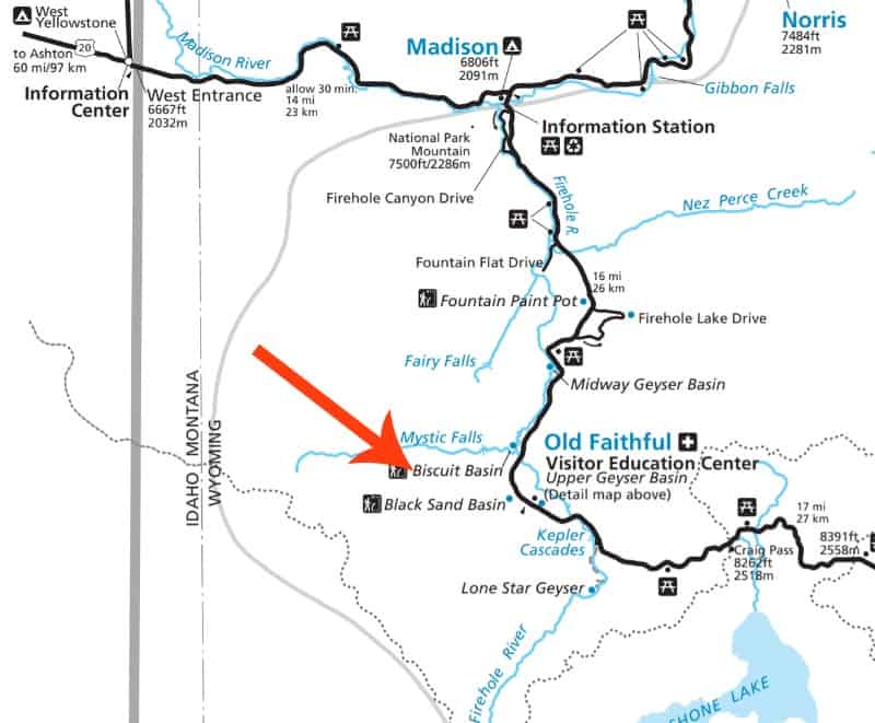 Yellowstone attraction map with a red arrow pointing to Biscuit Basin