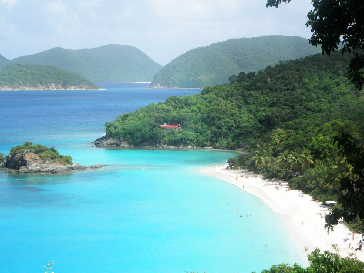 view of Trunk Bay from overlook above Trunk Bay