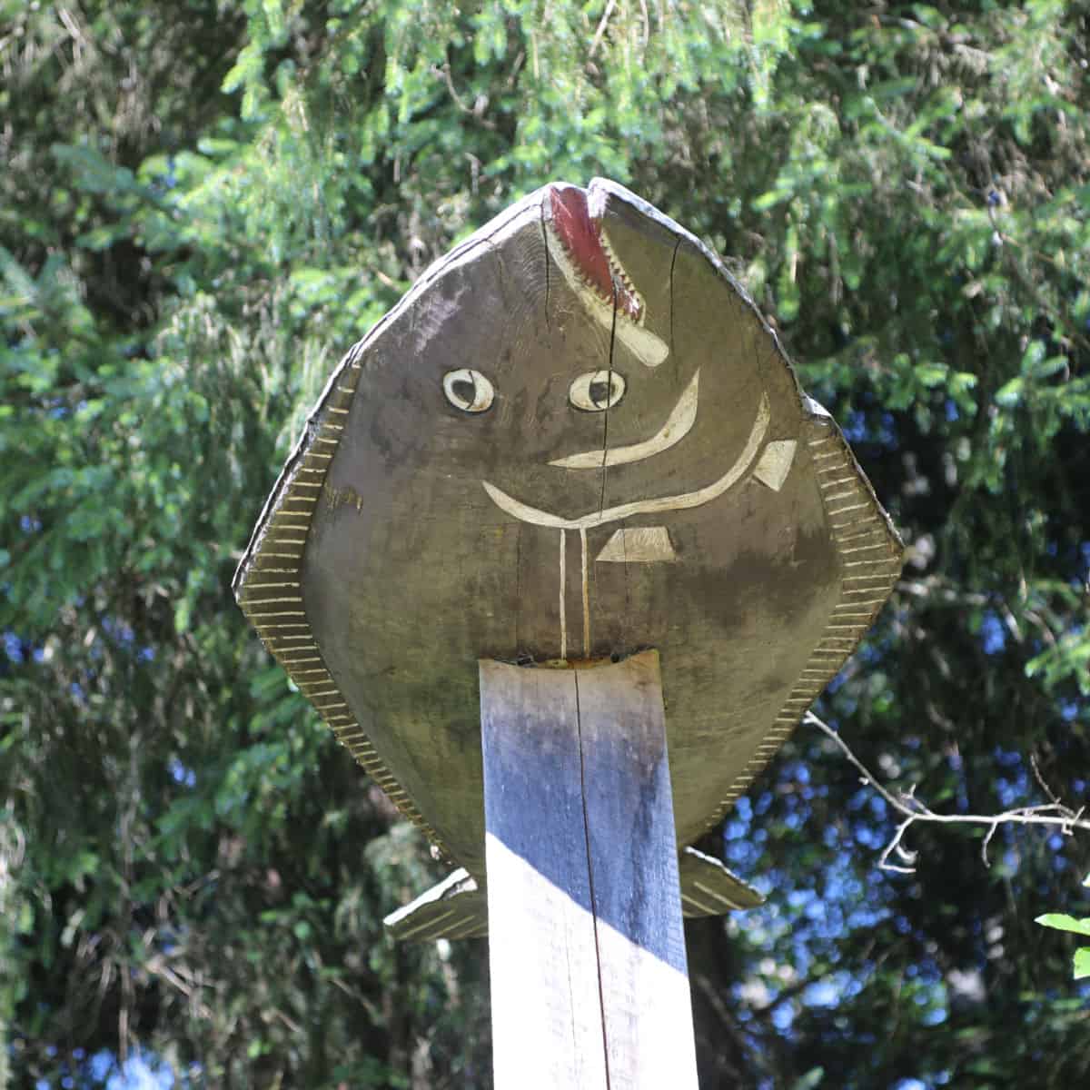 Halibut totem pole at Totem Bight State Park Ketchikan Alaska