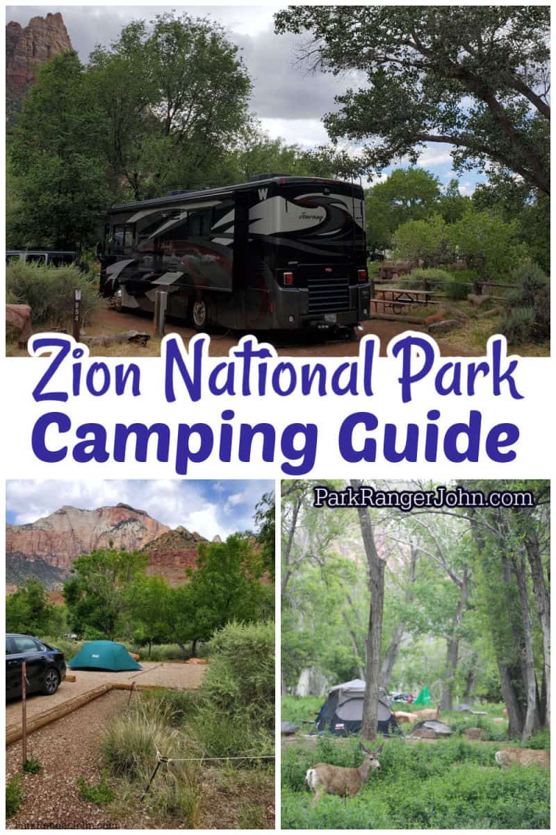 Text "Zion National Park Camping Guide" three photos of three campsites in the Watchman Campground in Zion National Park
