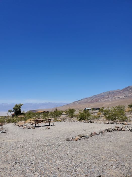 two picnic sites in Wild Rose Campground with picnic table and mountains in the background