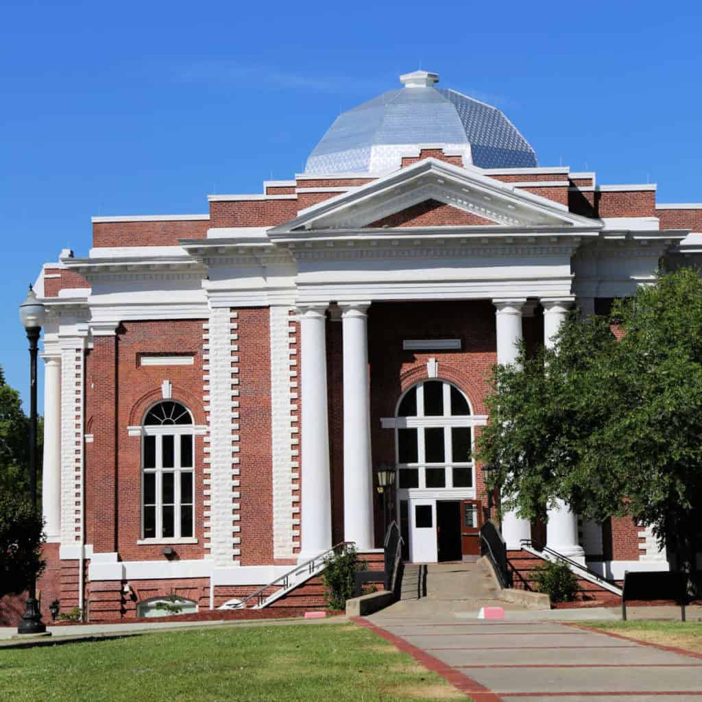 Tompkins Hall located on the campus of Tuskegee University in Tuskegee Alabama. The campus is designated as the Tuskegee Institute National Historic Site.
