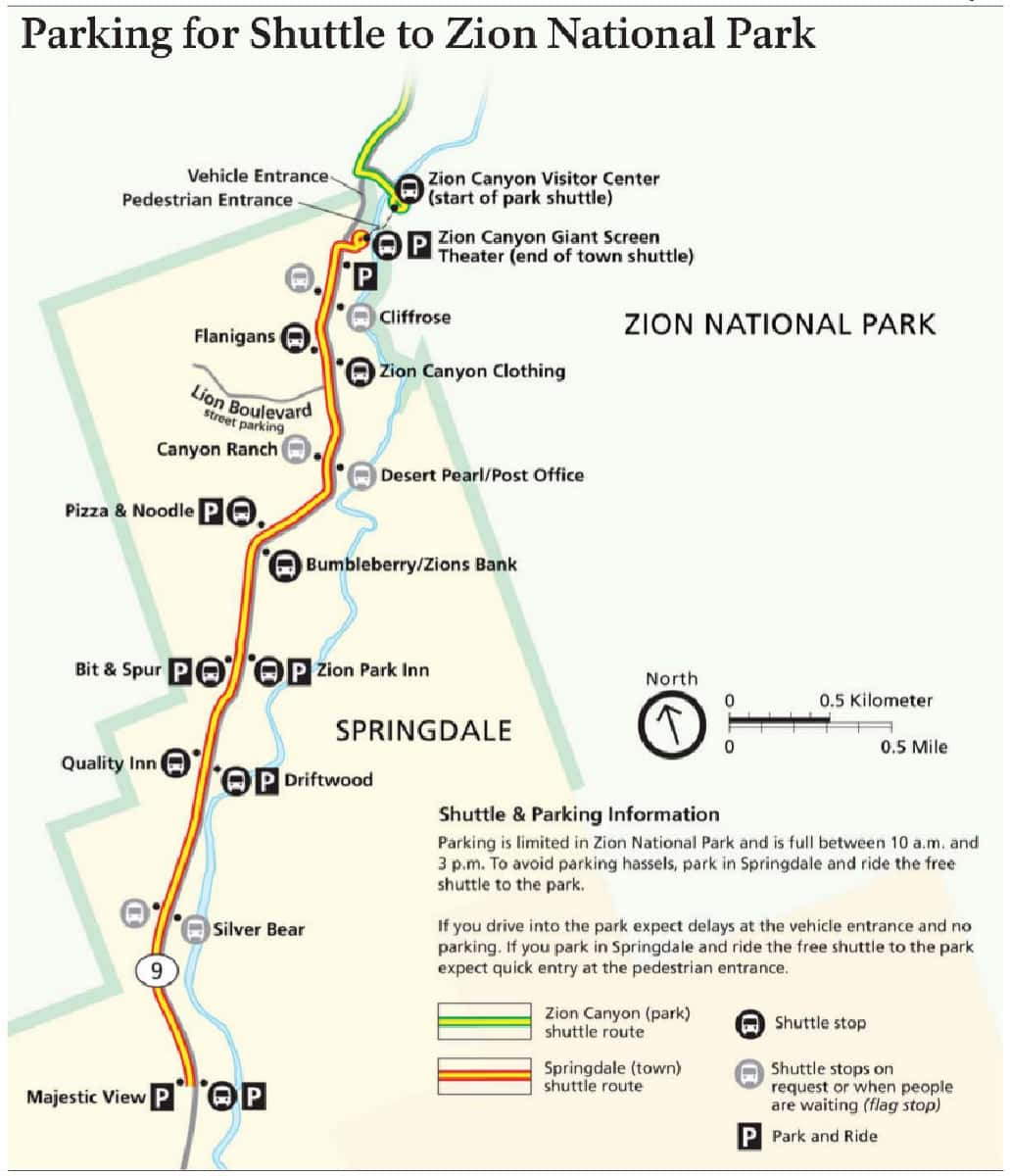 Free Springdale bus shuttle that takes you from the South entrance of Zion National Park to several locations listed on the map in Springdale, Utah
